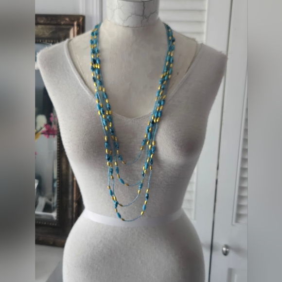 Vintage Turquoise Color Black Swirl Beaded Layered Necklace - Picture 2 of 6